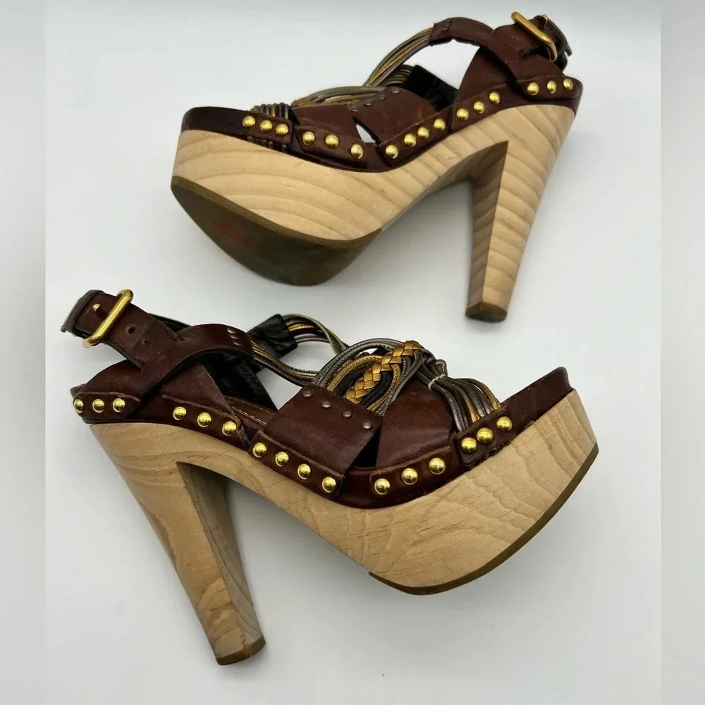 Miu Miu 36 Heel Sling Clog Wedge Platform Stud Brown Leather Wood Y2k boho tall